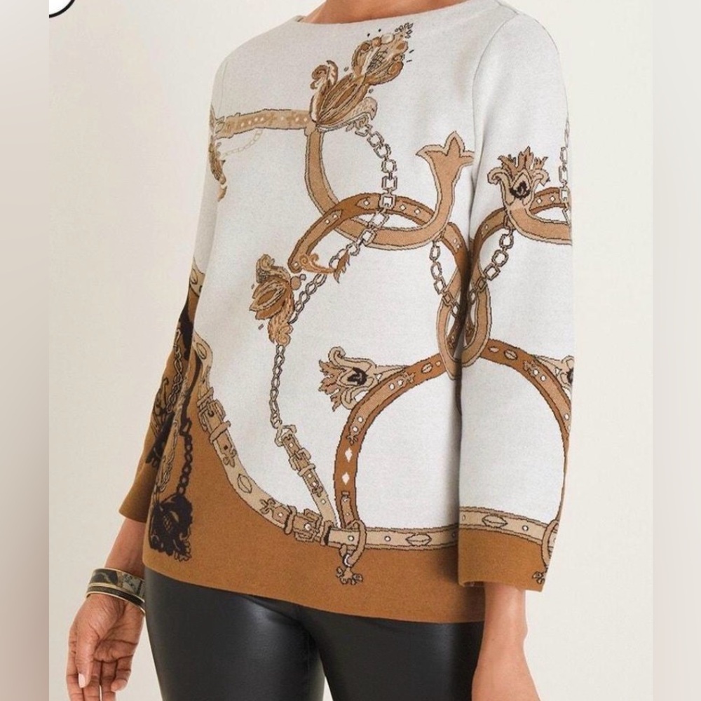 Chico's Gray & Brown Sweater Boat Neck Equestrian Pattern Sz. XL (3) NWT!
